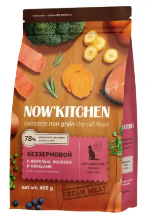 Купить now’kitchen беззерновой сухой корм для взрослых кошек с форелью, лососем и овощами 