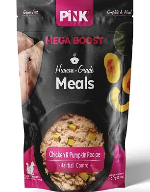 Pink MEGA BOOST Hairball Control влажный корм для кошек, вывод шерсти, Курица с тыквой, паштет (пауч)