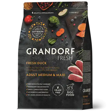 Grandorf FRESH сухой беззерновой корм для взрослых собак средних и крупных пород с живыми пробиотиками, утка с бататом